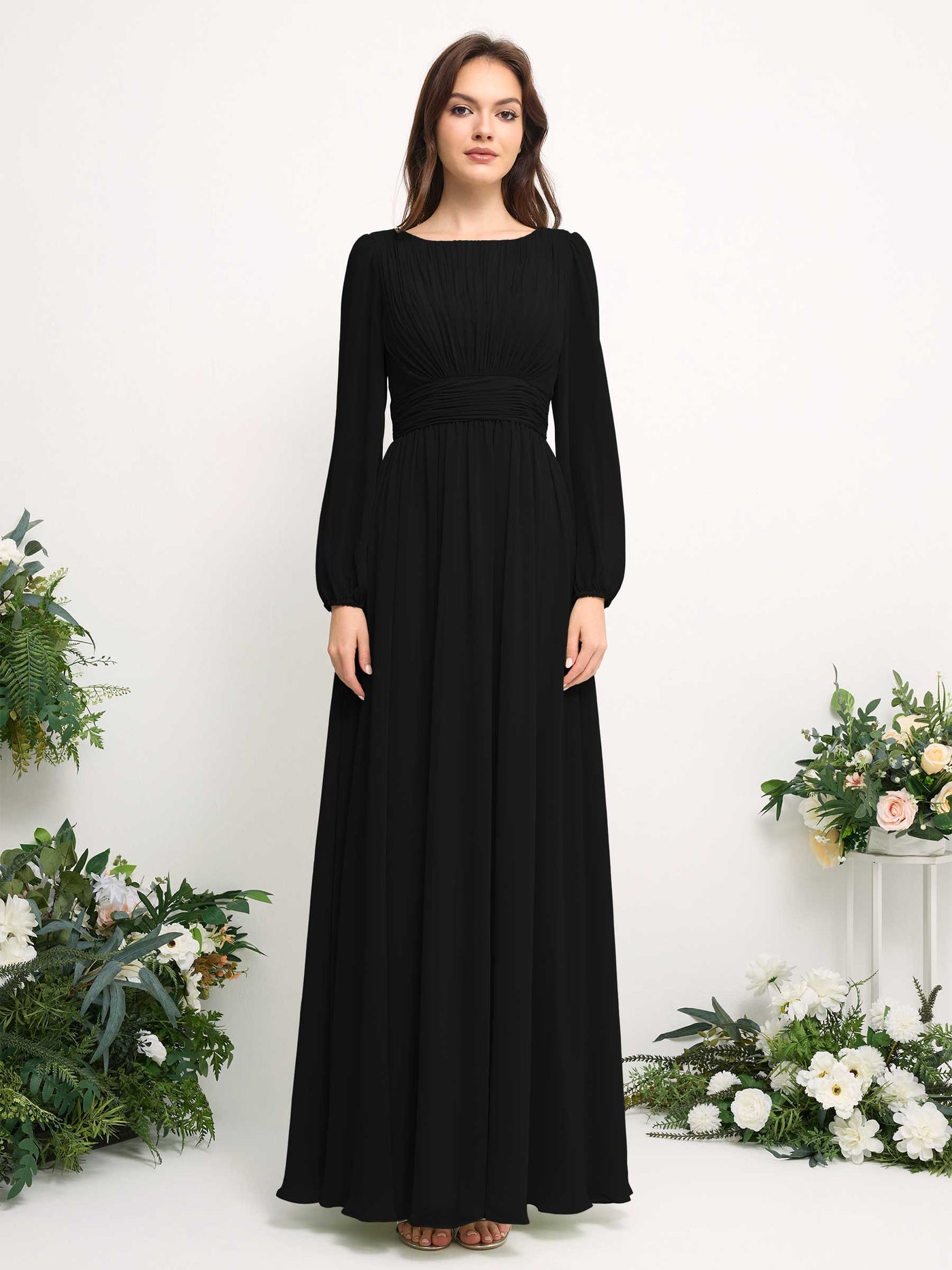 Carlyna A-Linien-Kleid mit U-Boot-Ausschnitt Chiffon Langarmkleid für Brautjungfer Schwarz #farbe_schwarz