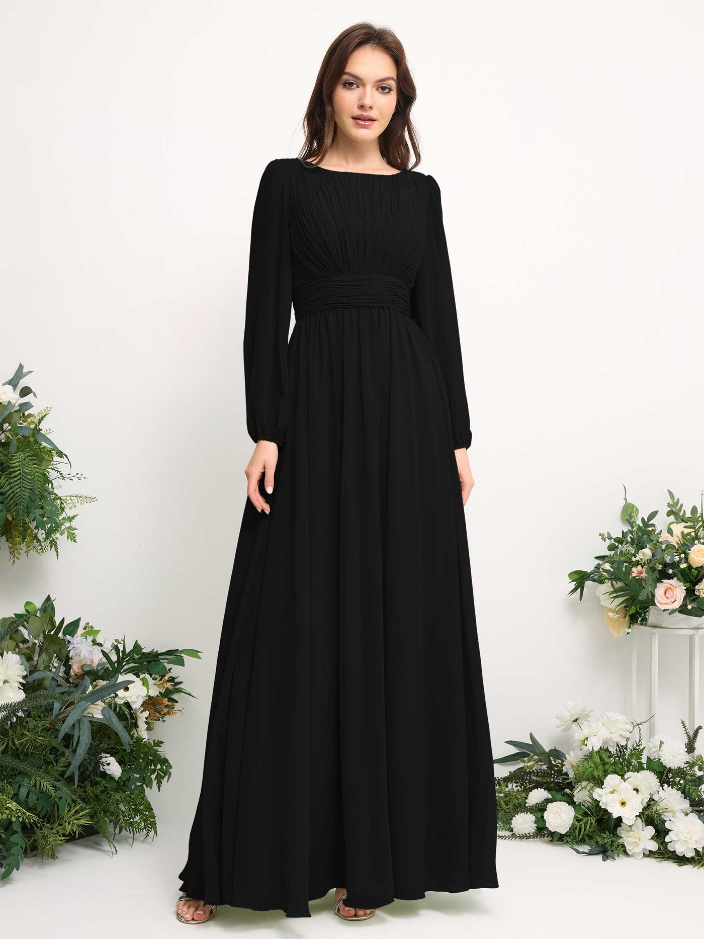 Carlyna A-Linien-Kleid mit U-Boot-Ausschnitt Chiffon Langarmkleid für Brautjungfer Schwarz #farbe_schwarz