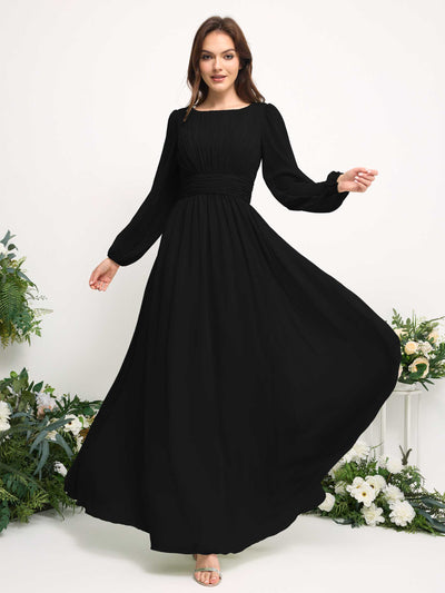 Carlyna A-Linien-Kleid mit U-Boot-Ausschnitt Chiffon Langarmkleid für Brautjungfer Schwarz #farbe_schwarz