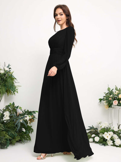 Carlyna A-Linien-Kleid mit U-Boot-Ausschnitt Chiffon Langarmkleid für Brautjungfer Schwarz #farbe_schwarz