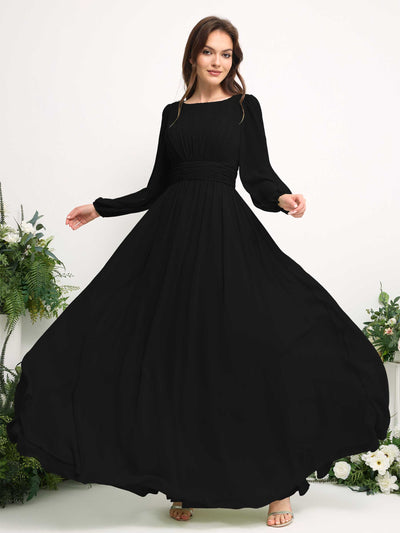 Carlyna A-Linien-Kleid mit U-Boot-Ausschnitt Chiffon Langarmkleid für Brautjungfer Schwarz #farbe_schwarz