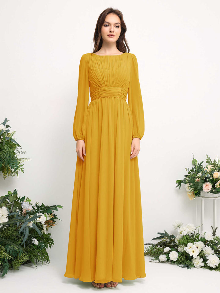 Carlyna A-Linien-Kleid mit U-Boot-Ausschnitt Chiffon Langarmkleid für Brautjungfer Senfgelb 