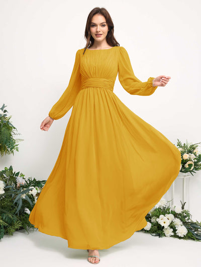 Carlyna A-Linien-Kleid mit U-Boot-Ausschnitt Chiffon Langarmkleid für Brautjungfer Senfgelb #farbe_senfgelb