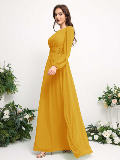 Carlyna A-Linien-Kleid mit U-Boot-Ausschnitt Chiffon Langarmkleid für Brautjungfer Senfgelb #farbe_senfgelb