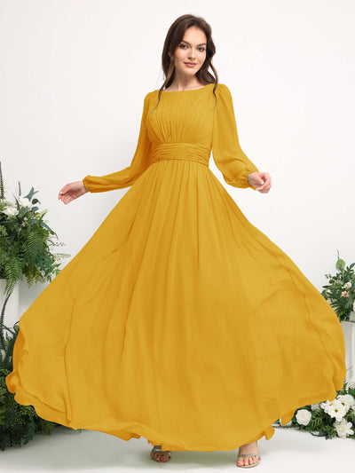 Carlyna A-Linien-Kleid mit U-Boot-Ausschnitt Chiffon Langarmkleid für Brautjungfer Senfgelb #farbe_senfgelb
