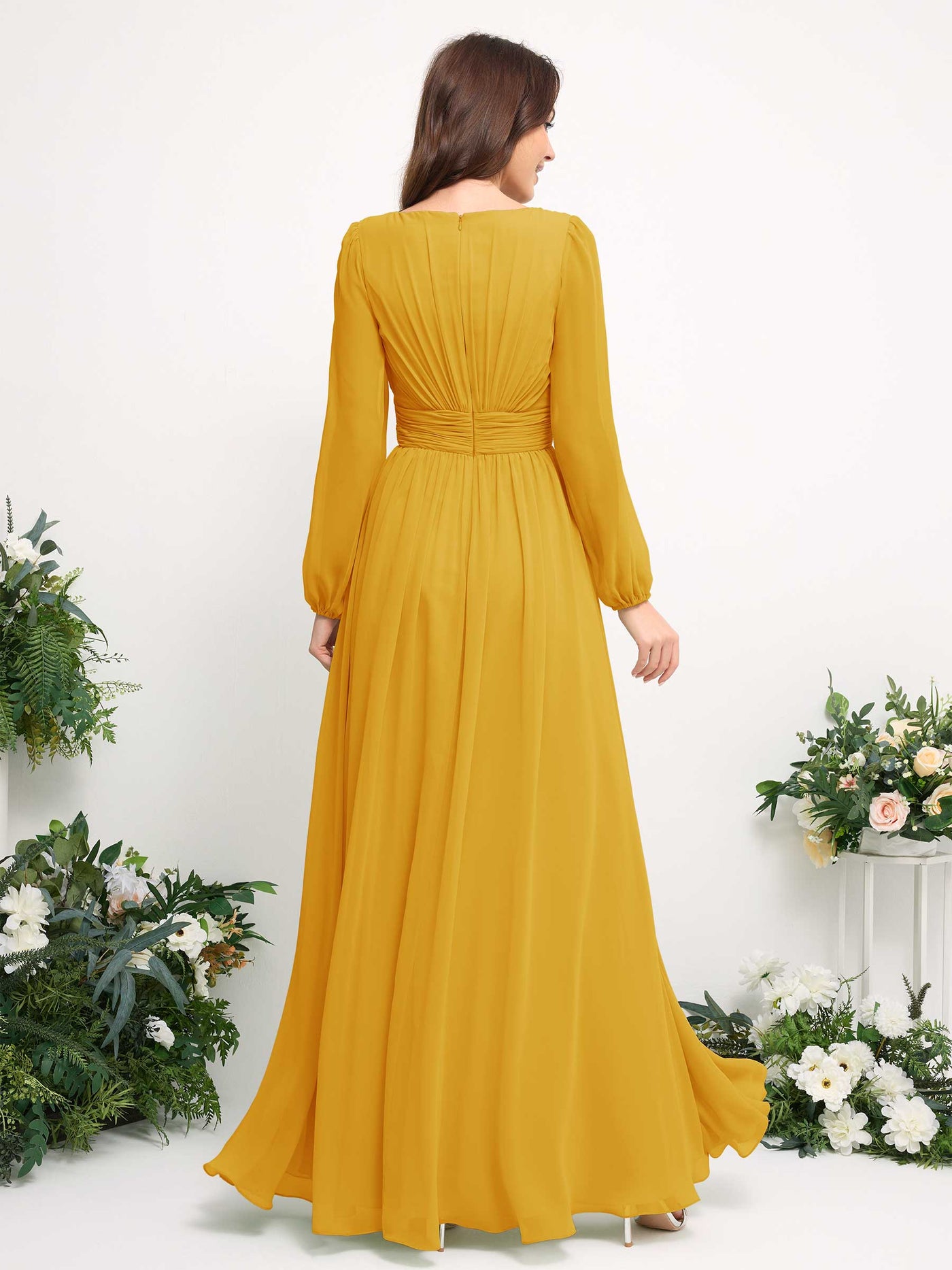 Carlyna A-Linien-Kleid mit U-Boot-Ausschnitt Chiffon Langarmkleid für Brautjungfer Senfgelb #farbe_senfgelb