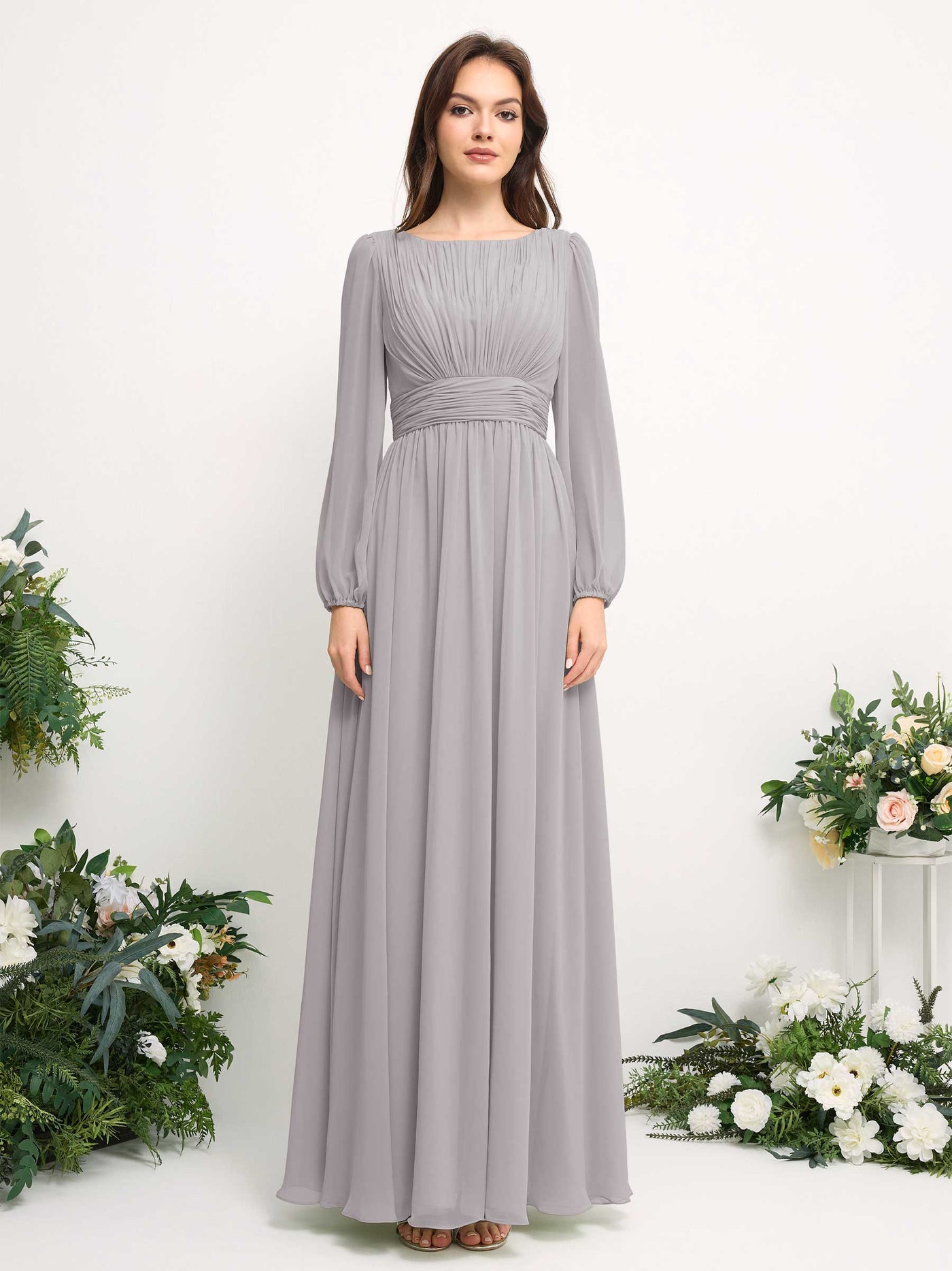 Carlyna A-Linien-Kleid mit U-Boot-Ausschnitt Chiffon Langarmkleid für Brautjungfer Silber #farbe_silber