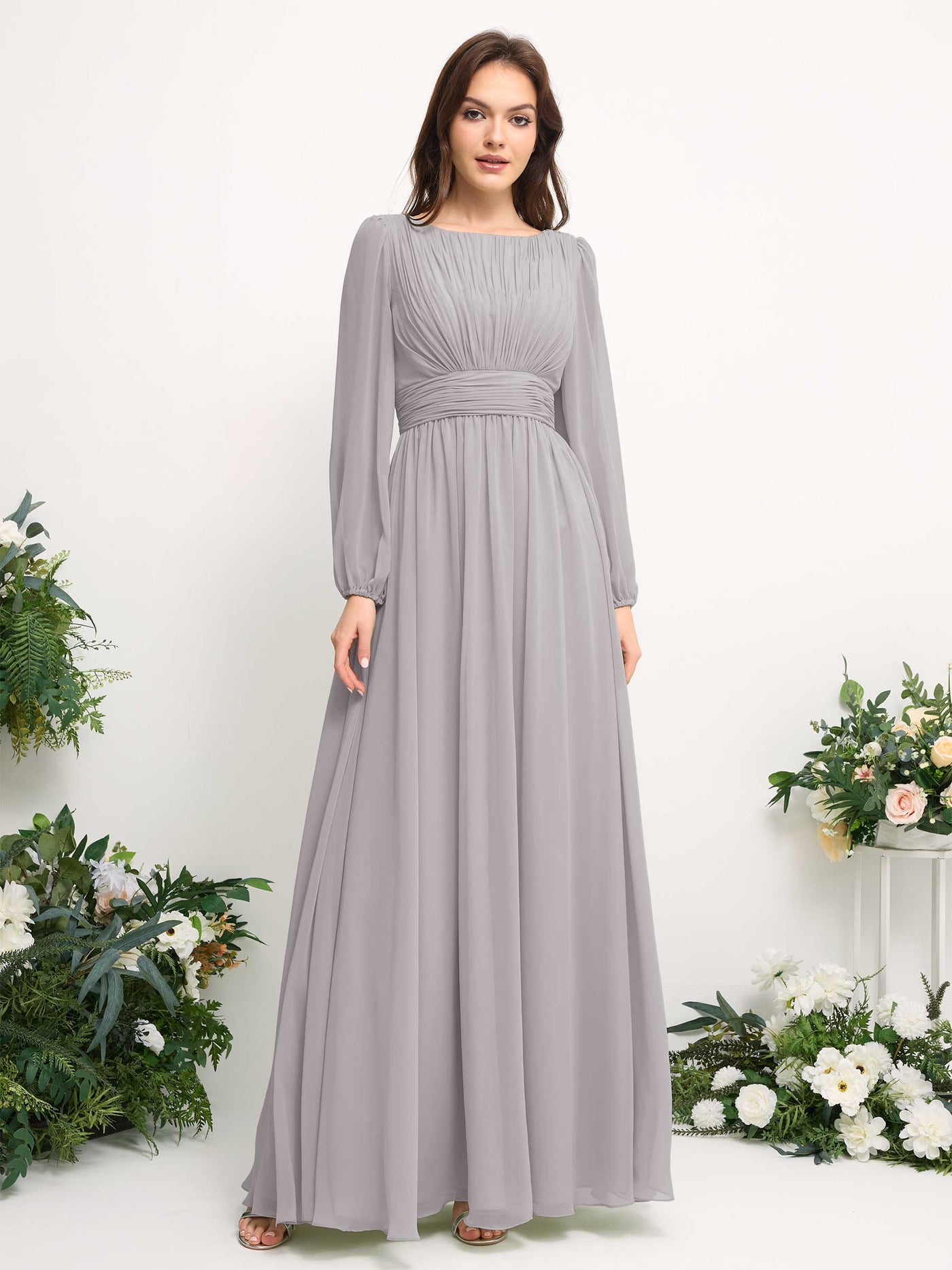 Carlyna A-Linien-Kleid mit U-Boot-Ausschnitt Chiffon Langarmkleid für Brautjungfer Silber #farbe_silber