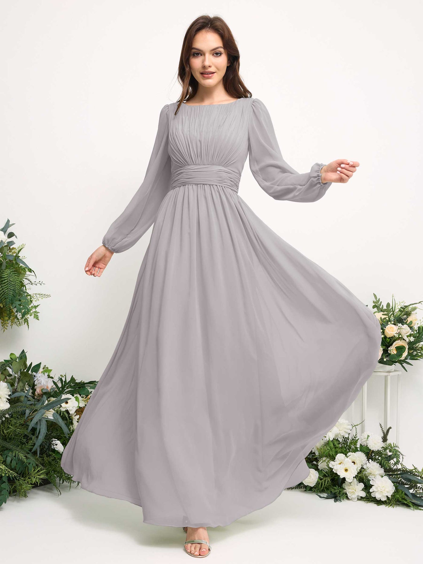 Carlyna A-Linien-Kleid mit U-Boot-Ausschnitt Chiffon Langarmkleid für Brautjungfer Silber #farbe_silber