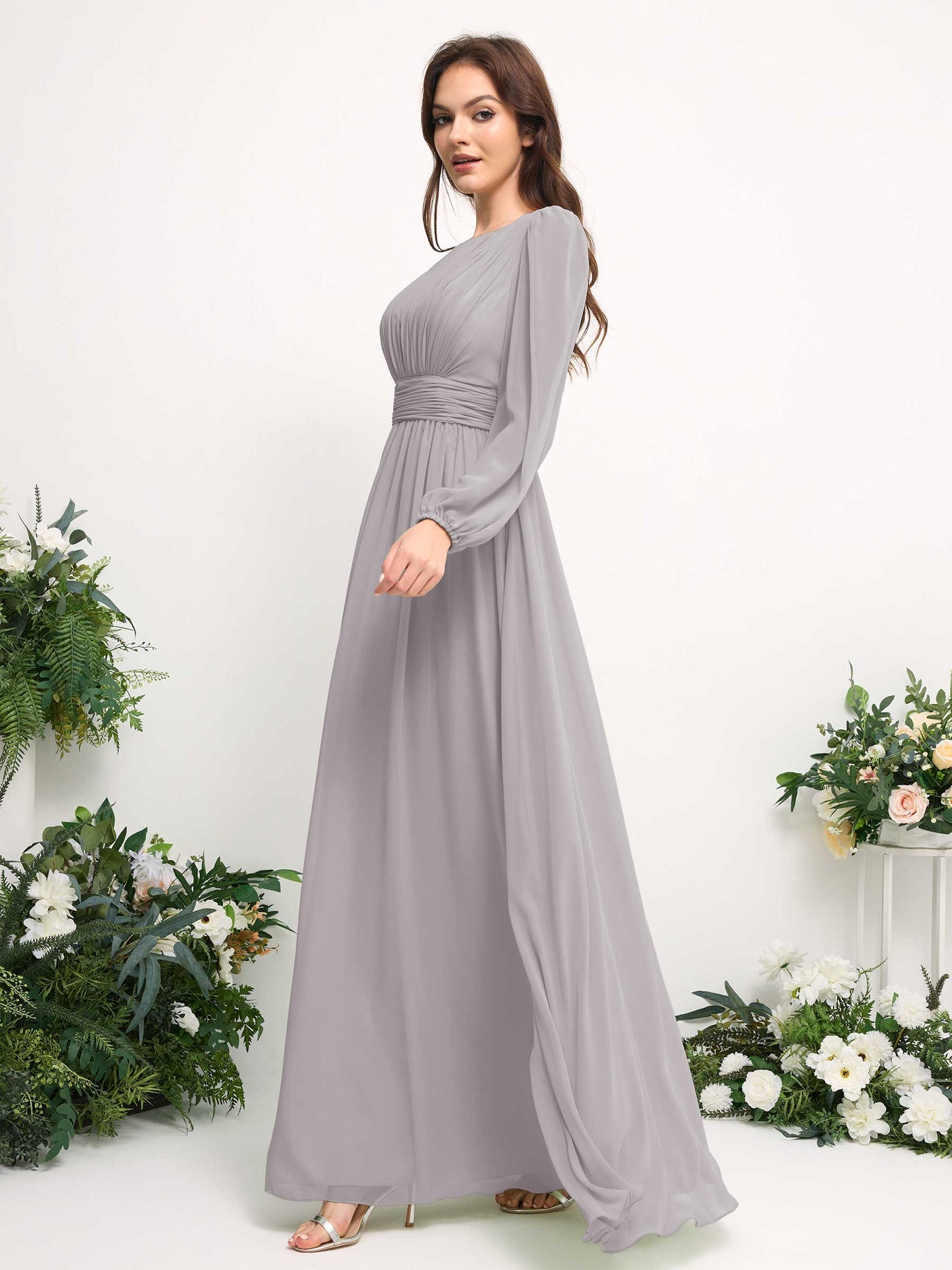Carlyna A-Linien-Kleid mit U-Boot-Ausschnitt Chiffon Langarmkleid für Brautjungfer Silber #farbe_silber