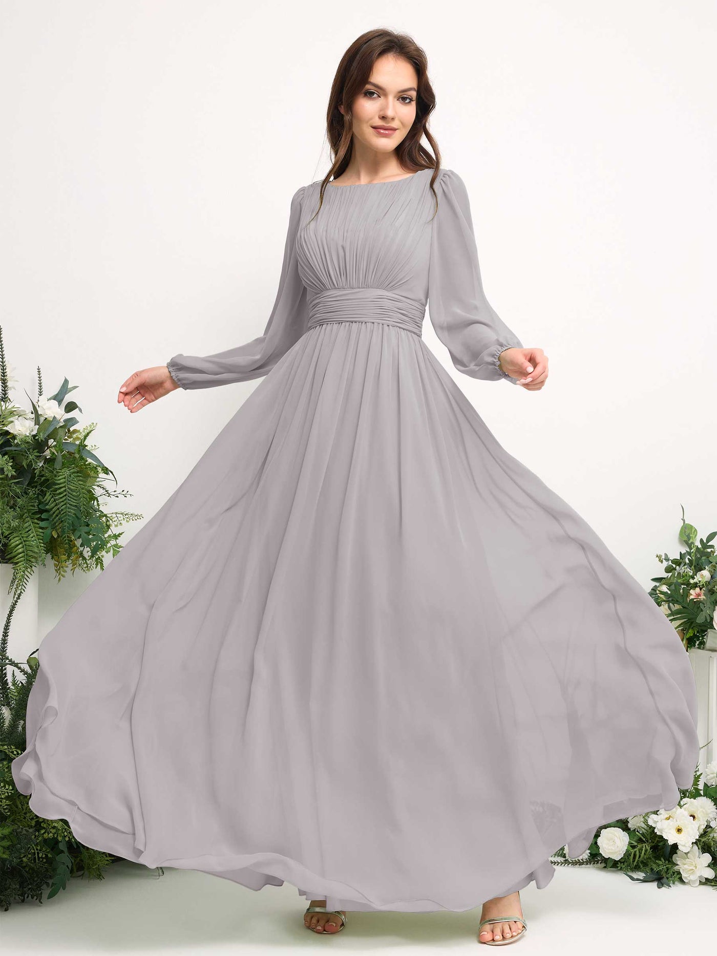 Carlyna A-Linien-Kleid mit U-Boot-Ausschnitt Chiffon Langarmkleid für Brautjungfer Silber #farbe_silber