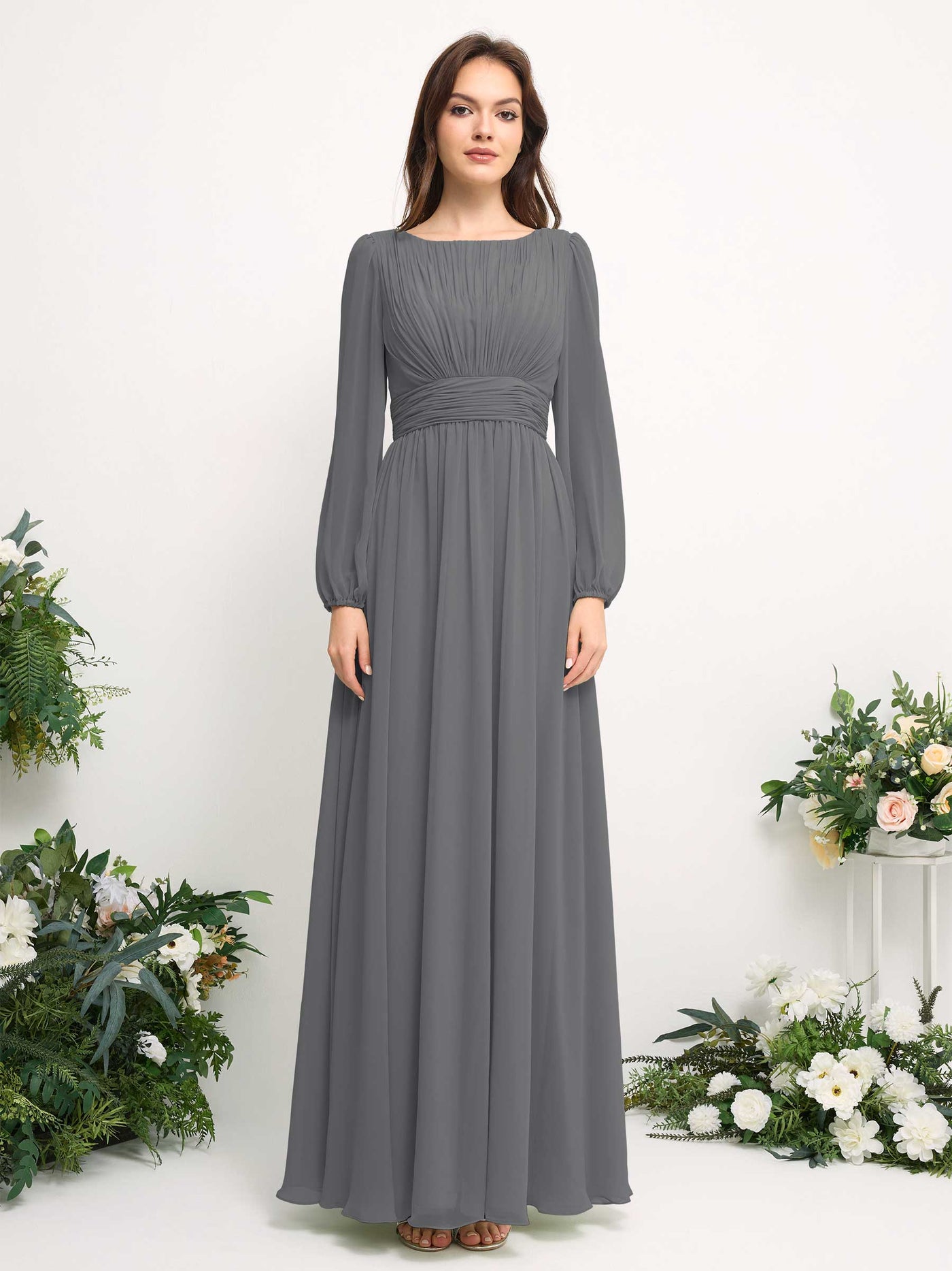Carlyna A-Linien-Kleid mit U-Boot-Ausschnitt Chiffon Langarmkleid für Brautjungfer Stahlgrau #farbe_stahlgrau