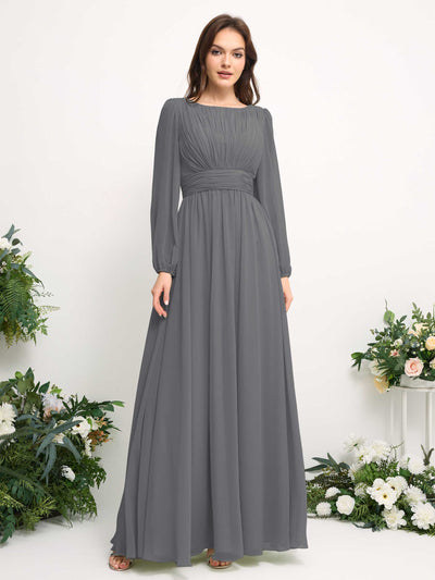 Carlyna A-Linien-Kleid mit U-Boot-Ausschnitt Chiffon Langarmkleid für Brautjungfer Stahlgrau #farbe_stahlgrau