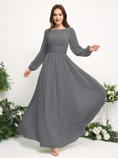 Carlyna A-Linien-Kleid mit U-Boot-Ausschnitt Chiffon Langarmkleid für Brautjungfer Stahlgrau #farbe_stahlgrau