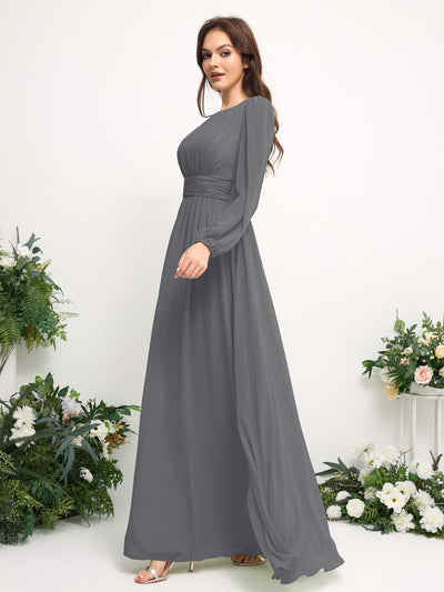 Carlyna A-Linien-Kleid mit U-Boot-Ausschnitt Chiffon Langarmkleid für Brautjungfer Stahlgrau #farbe_stahlgrau