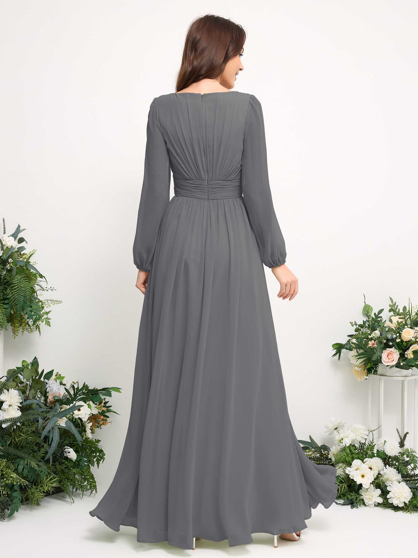 Carlyna A-Linien-Kleid mit U-Boot-Ausschnitt Chiffon Langarmkleid für Brautjungfer Stahlgrau #farbe_stahlgrau
