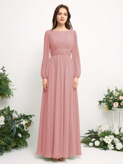 Carlyna A-Linien-Kleid mit U-Boot-Ausschnitt Chiffon Langarmkleid für Brautjungfer Staubige Rose #farbe_staubige-rose