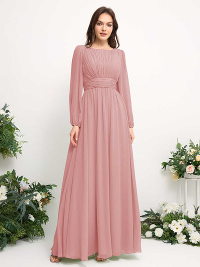 Carlyna A-Linien-Kleid mit U-Boot-Ausschnitt Chiffon Langarmkleid für Brautjungfer Staubige Rose #farbe_staubige-rose