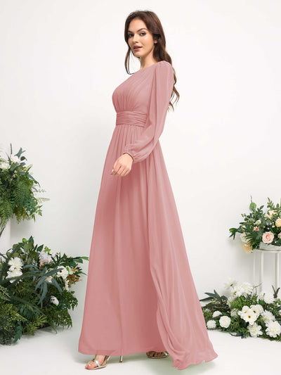 Carlyna A-Linien-Kleid mit U-Boot-Ausschnitt Chiffon Langarmkleid für Brautjungfer Staubige Rose #farbe_staubige-rose