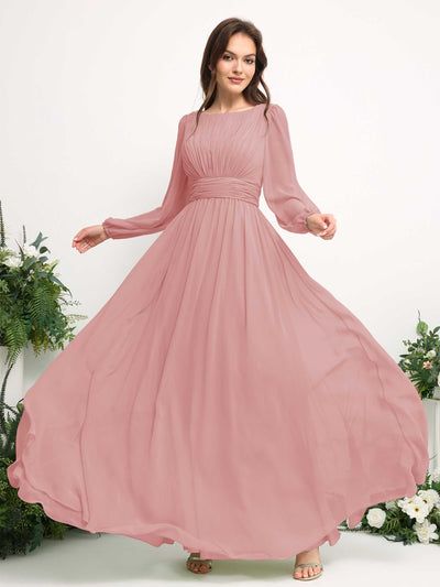 Carlyna A-Linien-Kleid mit U-Boot-Ausschnitt Chiffon Langarmkleid für Brautjungfer Staubige Rose #farbe_staubige-rose