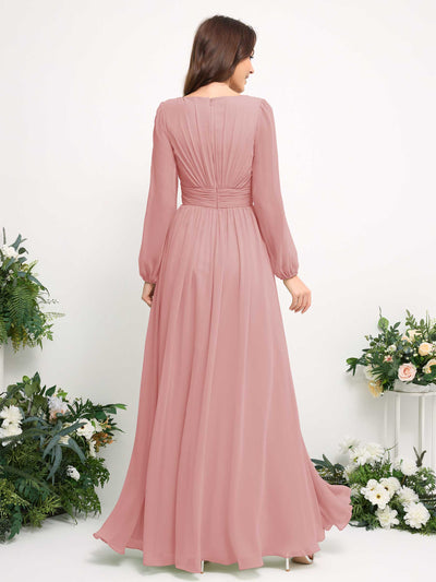 Carlyna A-Linien-Kleid mit U-Boot-Ausschnitt Chiffon Langarmkleid für Brautjungfer Staubige Rose #farbe_staubige-rose