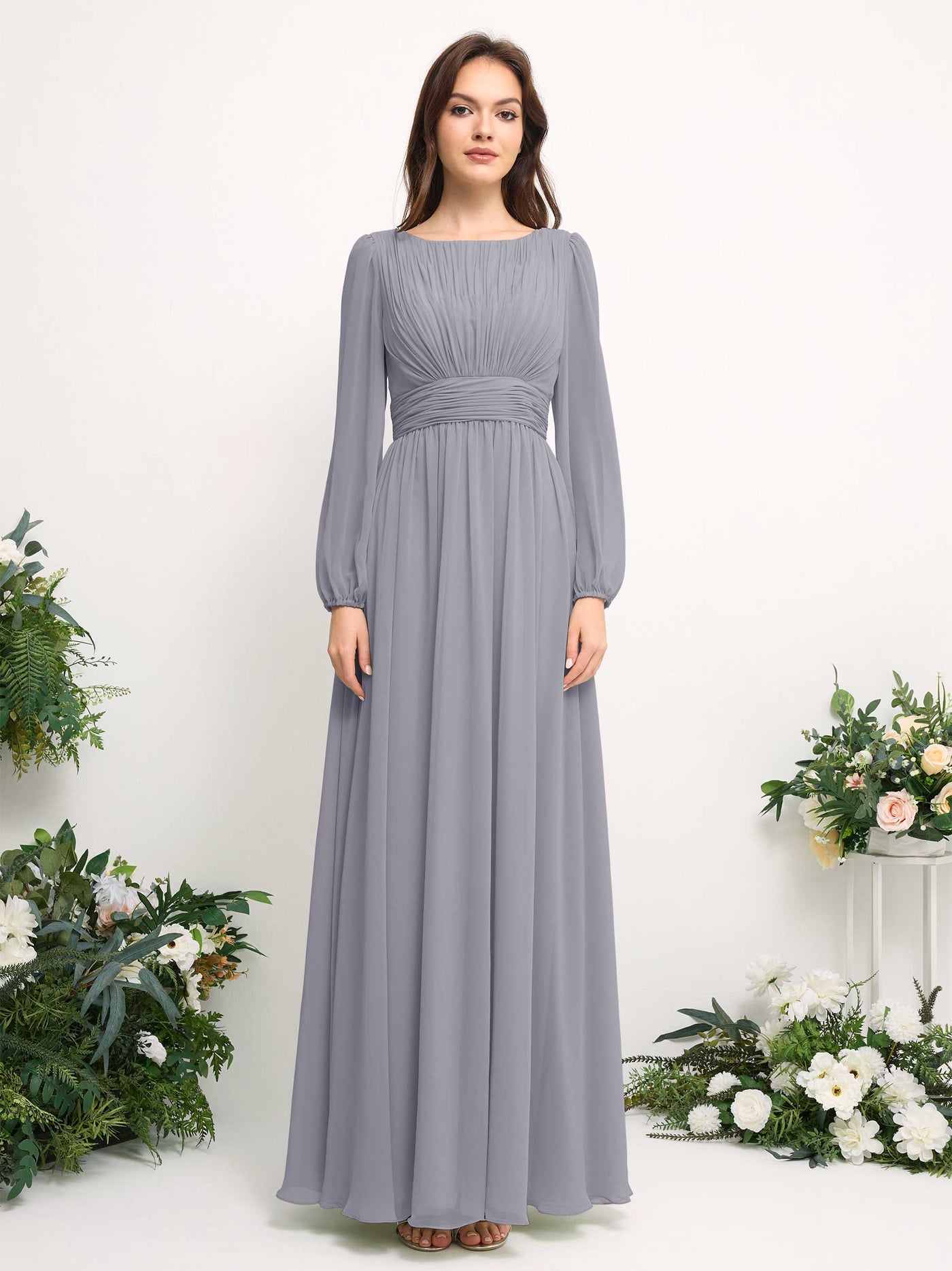 Carlyna A-Linien-Kleid mit U-Boot-Ausschnitt Chiffon Langarmkleid für Brautjungfer Staubiger Lavendel #farbe_staubiger-lavendel