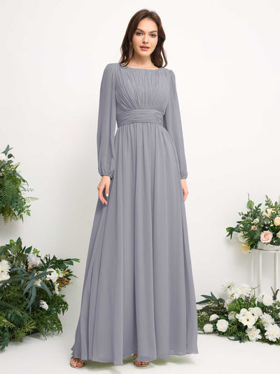 Carlyna A-Linien-Kleid mit U-Boot-Ausschnitt Chiffon Langarmkleid für Brautjungfer Staubiger Lavendel #farbe_staubiger-lavendel