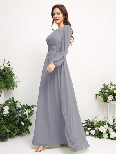 Carlyna A-Linien-Kleid mit U-Boot-Ausschnitt Chiffon Langarmkleid für Brautjungfer Staubiger Lavendel #farbe_staubiger-lavendel