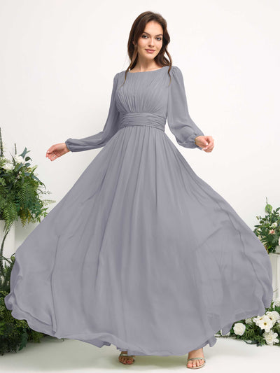 Carlyna A-Linien-Kleid mit U-Boot-Ausschnitt Chiffon Langarmkleid für Brautjungfer Staubiger Lavendel #farbe_staubiger-lavendel