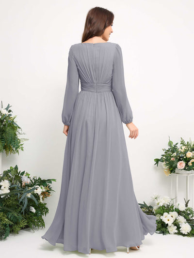 Carlyna A-Linien-Kleid mit U-Boot-Ausschnitt Chiffon Langarmkleid für Brautjungfer Staubiger Lavendel #farbe_staubiger-lavendel