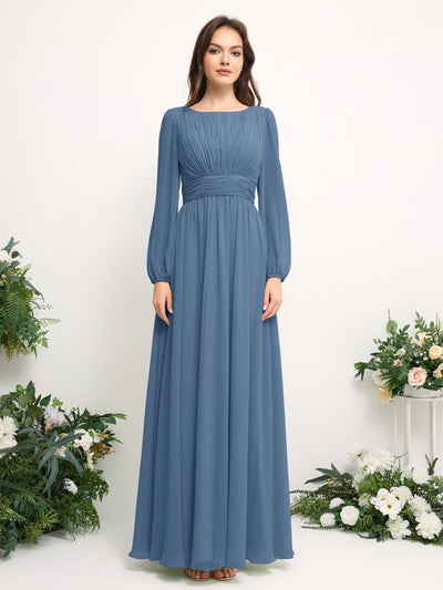 Carlyna A-Linien-Kleid mit U-Boot-Ausschnitt Chiffon Langarmkleid für Brautjungfer Staubiges Blau #farbe_staubiges-blau