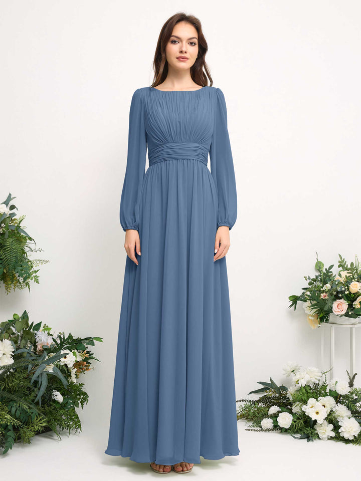Carlyna A-Linien-Kleid mit U-Boot-Ausschnitt Chiffon Langarmkleid für Brautjungfer Staubiges Blau 
