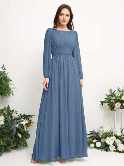 Carlyna A-Linien-Kleid mit U-Boot-Ausschnitt Chiffon Langarmkleid für Brautjungfer Staubiges Blau #farbe_staubiges-blau