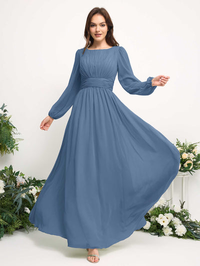 Carlyna A-Linien-Kleid mit U-Boot-Ausschnitt Chiffon Langarmkleid für Brautjungfer Staubiges Blau #farbe_staubiges-blau