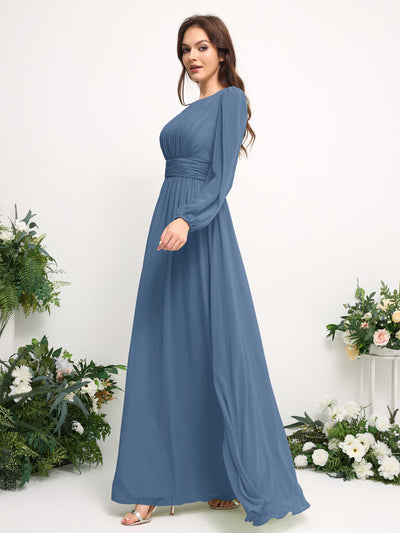 Carlyna A-Linien-Kleid mit U-Boot-Ausschnitt Chiffon Langarmkleid für Brautjungfer Staubiges Blau #farbe_staubiges-blau