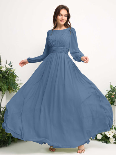 Carlyna A-Linien-Kleid mit U-Boot-Ausschnitt Chiffon Langarmkleid für Brautjungfer Staubiges Blau #farbe_staubiges-blau