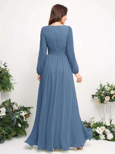 Carlyna A-Linien-Kleid mit U-Boot-Ausschnitt Chiffon Langarmkleid für Brautjungfer Staubiges Blau #farbe_staubiges-blau