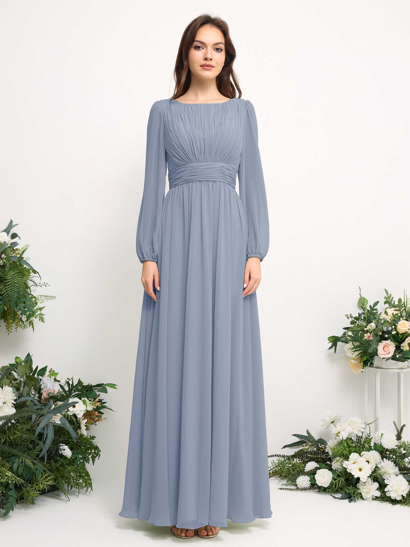 Carlyna A-Linien-Kleid mit U-Boot-Ausschnitt Chiffon Langarmkleid für Brautjungfer Staubiges Blau-Upgrade #farbe_staubiges-blau-upgrade