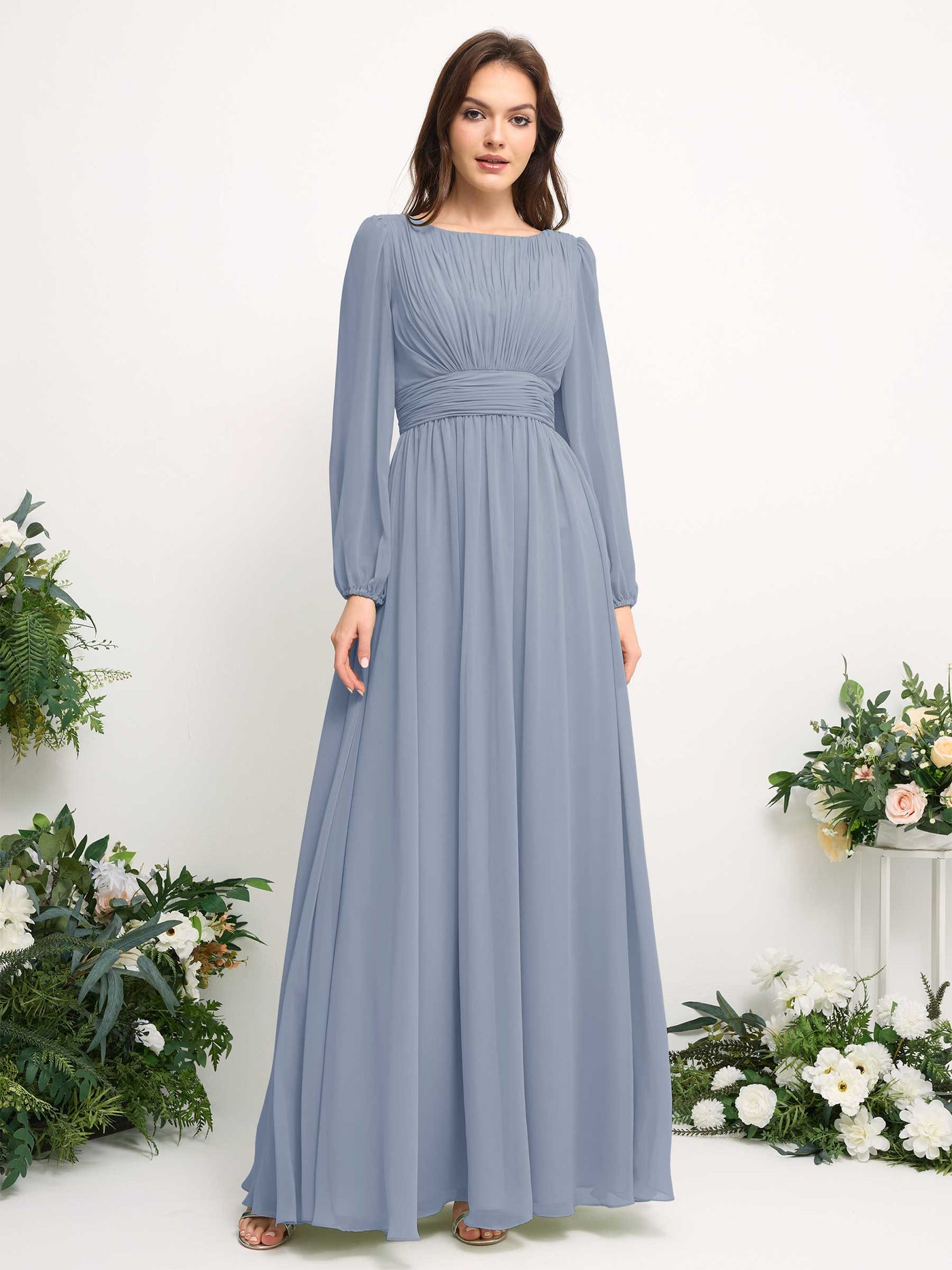 Carlyna A-Linien-Kleid mit U-Boot-Ausschnitt Chiffon Langarmkleid für Brautjungfer Staubiges Blau-Upgrade #farbe_staubiges-blau-upgrade