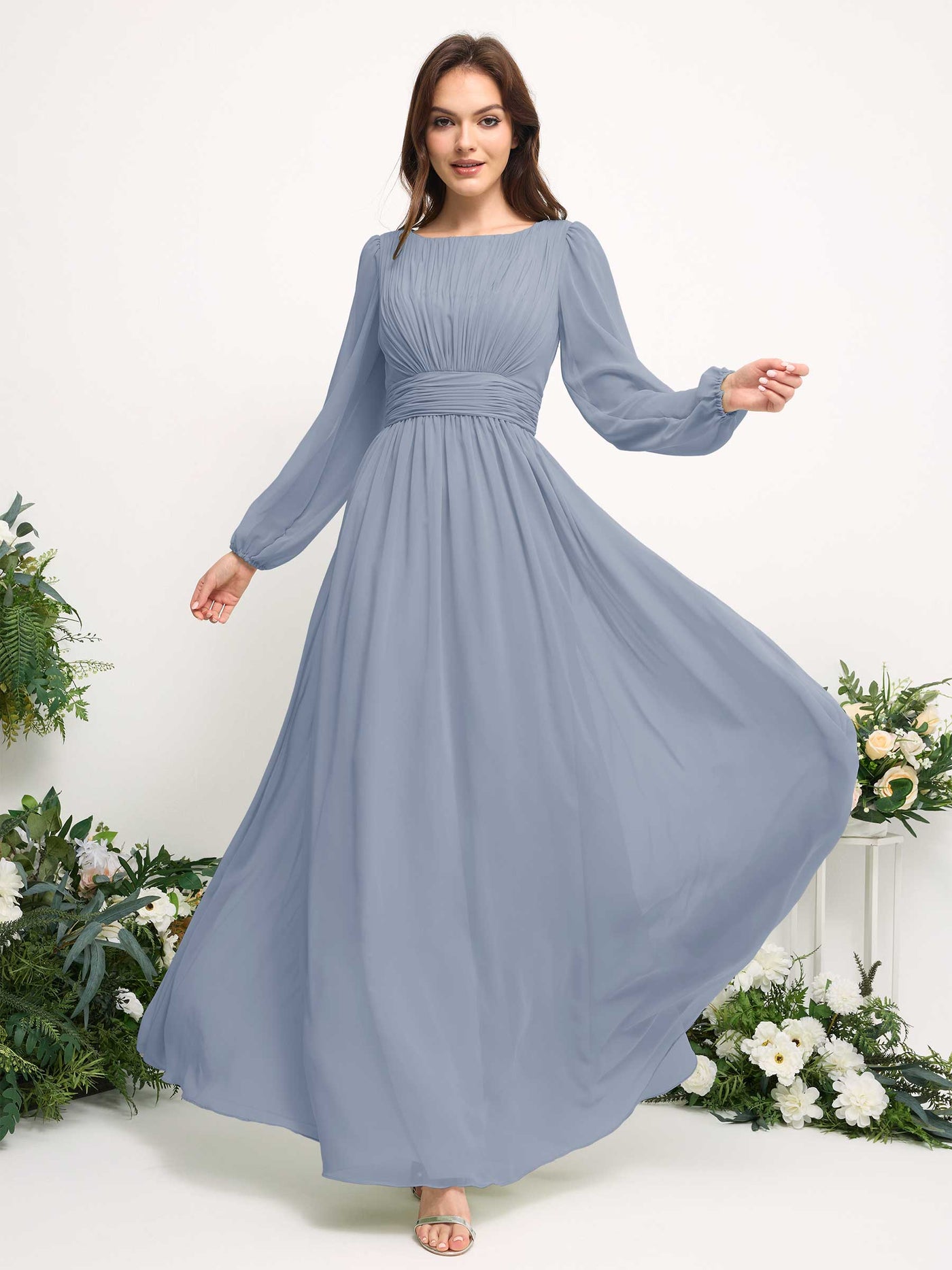 Carlyna A-Linien-Kleid mit U-Boot-Ausschnitt Chiffon Langarmkleid für Brautjungfer Staubiges Blau-Upgrade #farbe_staubiges-blau-upgrade