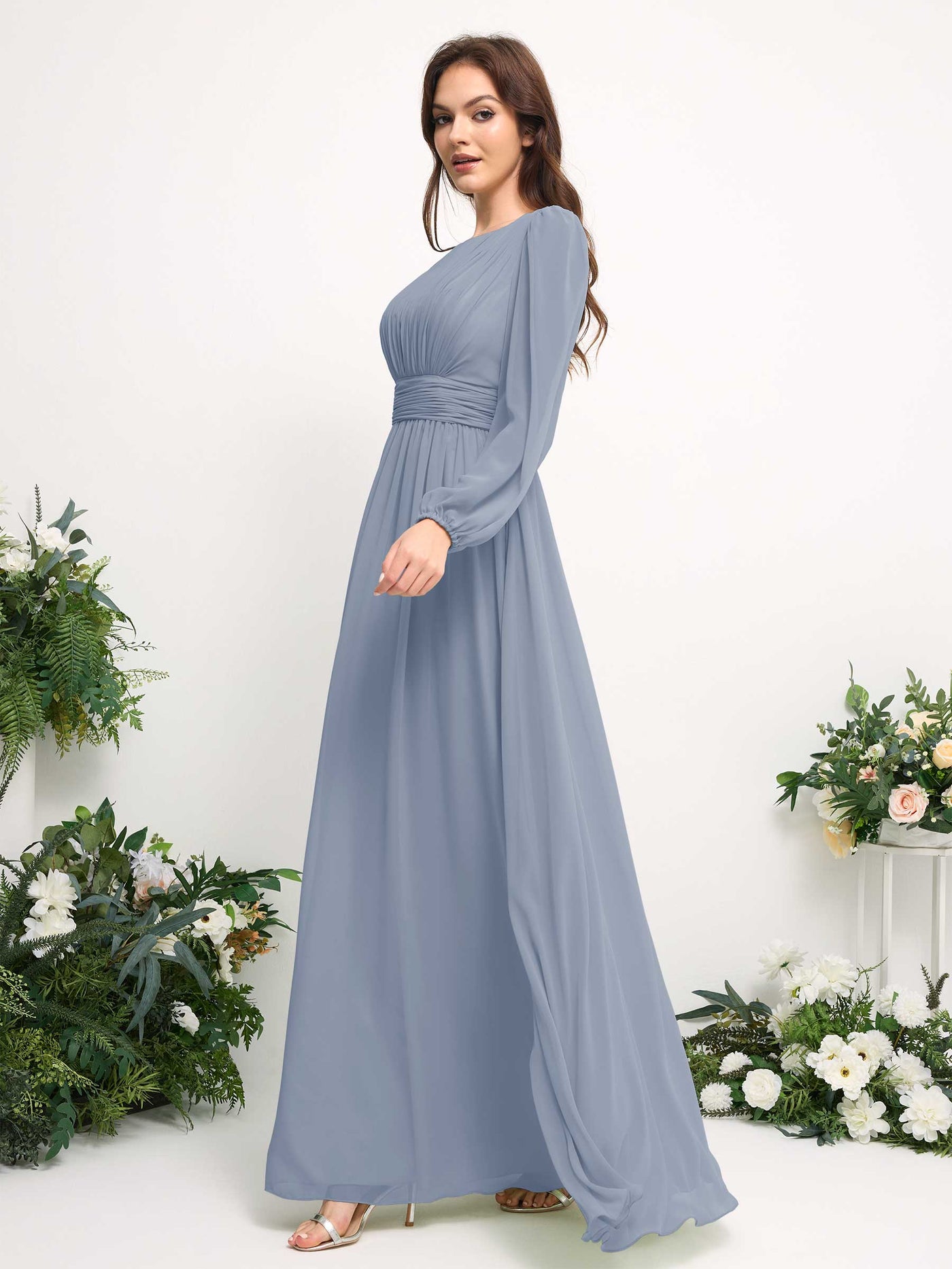 Carlyna A-Linien-Kleid mit U-Boot-Ausschnitt Chiffon Langarmkleid für Brautjungfer Staubiges Blau-Upgrade #farbe_staubiges-blau-upgrade