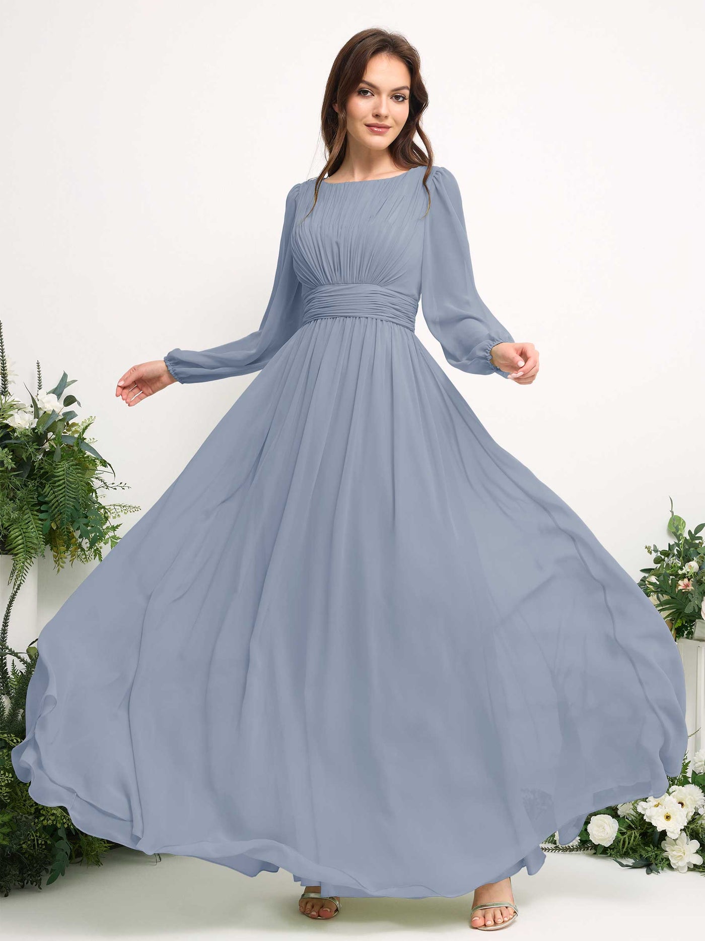 Carlyna A-Linien-Kleid mit U-Boot-Ausschnitt Chiffon Langarmkleid für Brautjungfer Staubiges Blau-Upgrade #farbe_staubiges-blau-upgrade