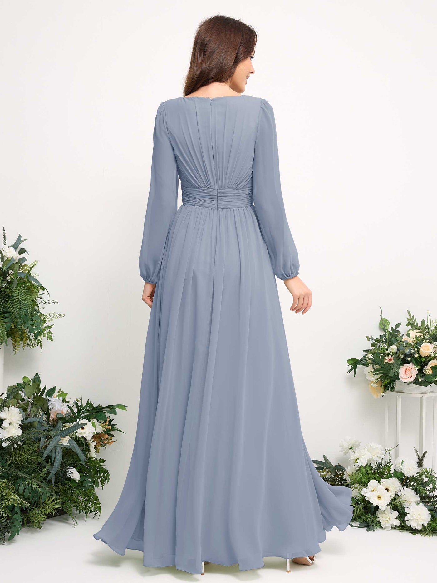 Carlyna A-Linien-Kleid mit U-Boot-Ausschnitt Chiffon Langarmkleid für Brautjungfer Staubiges Blau-Upgrade #farbe_staubiges-blau-upgrade