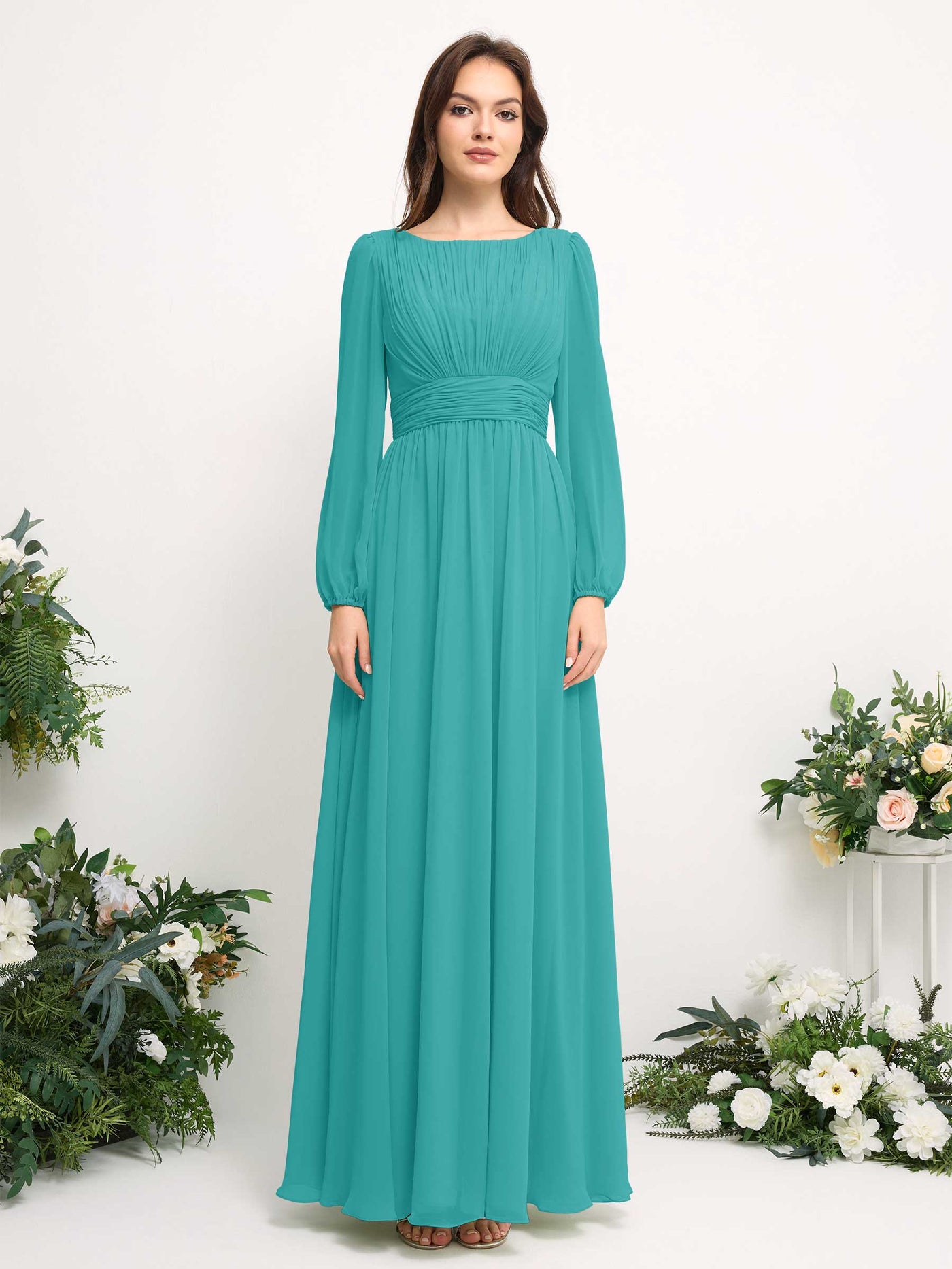Carlyna A-Linien-Kleid mit U-Boot-Ausschnitt Chiffon Langarmkleid für Brautjungfer Türkis #farbe_t-rkis