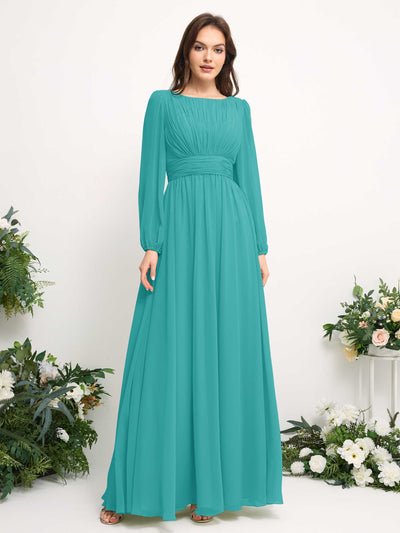 Carlyna A-Linien-Kleid mit U-Boot-Ausschnitt Chiffon Langarmkleid für Brautjungfer Türkis #farbe_t-rkis