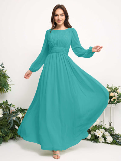 Carlyna A-Linien-Kleid mit U-Boot-Ausschnitt Chiffon Langarmkleid für Brautjungfer Türkis #farbe_t-rkis