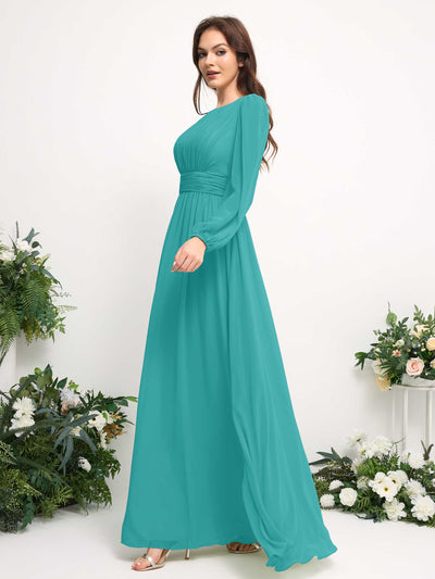 Carlyna A-Linien-Kleid mit U-Boot-Ausschnitt Chiffon Langarmkleid für Brautjungfer Türkis #farbe_t-rkis