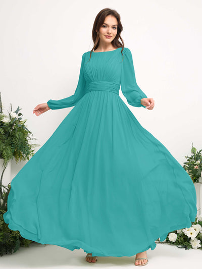 Carlyna A-Linien-Kleid mit U-Boot-Ausschnitt Chiffon Langarmkleid für Brautjungfer Türkis #farbe_t-rkis