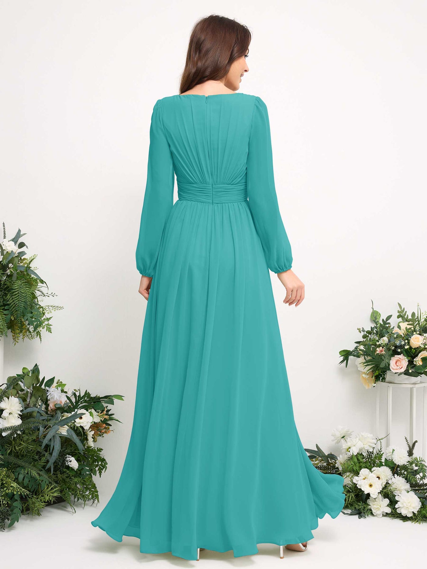 Carlyna A-Linien-Kleid mit U-Boot-Ausschnitt Chiffon Langarmkleid für Brautjungfer Türkis #farbe_t-rkis