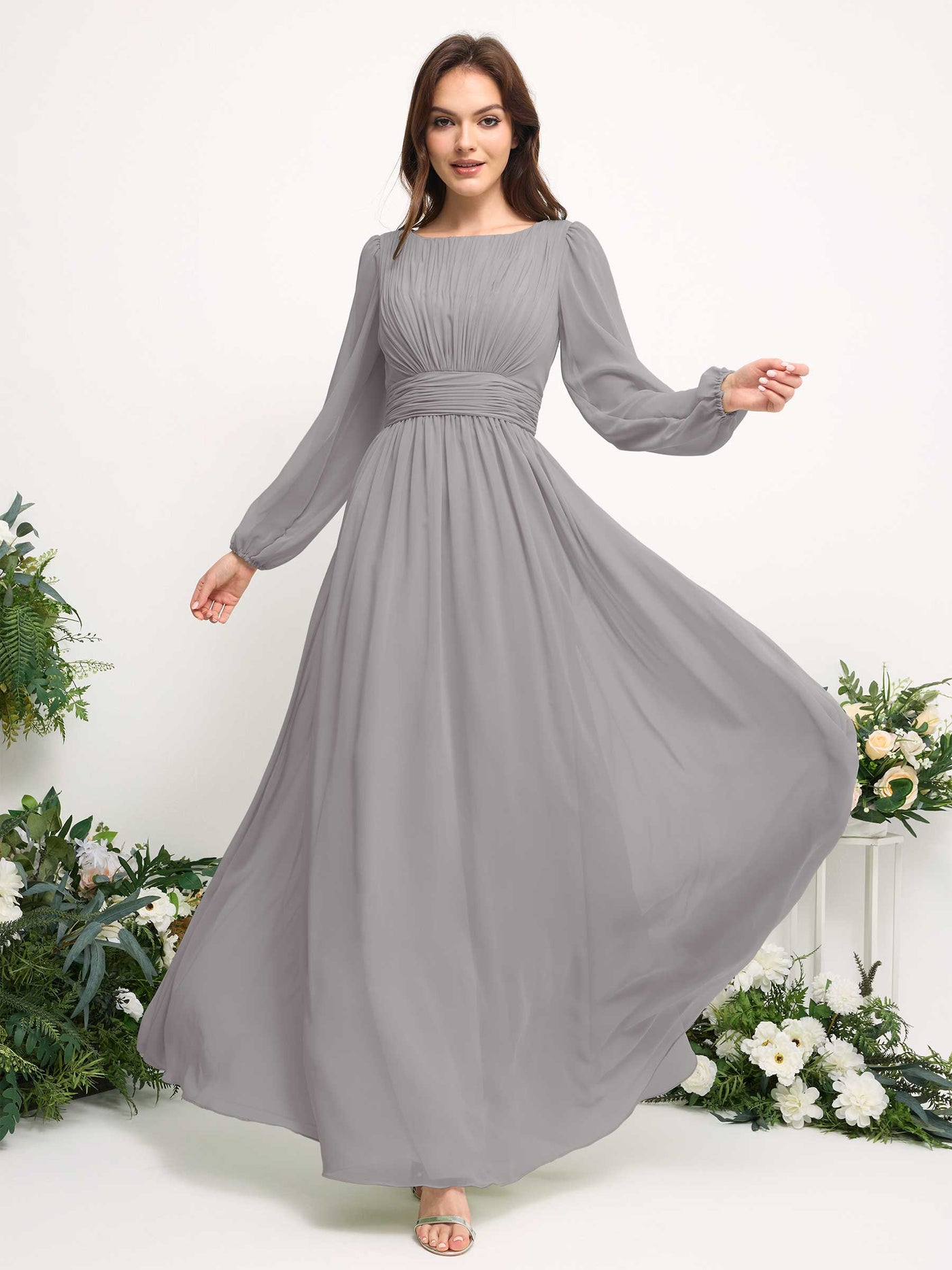 Carlyna A-Linien-Kleid mit U-Boot-Ausschnitt Chiffon Langarmkleid für Brautjungfer Taube #farbe_taube
